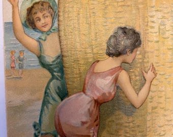 Edwardian Seaside Antique Postcard, Bathing Beauties, 1900s
