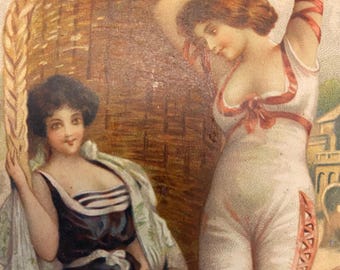 Beach Bathing Beauties Edwardian Antique Postcard 1900s Two Pretty Women Lounging Seaside