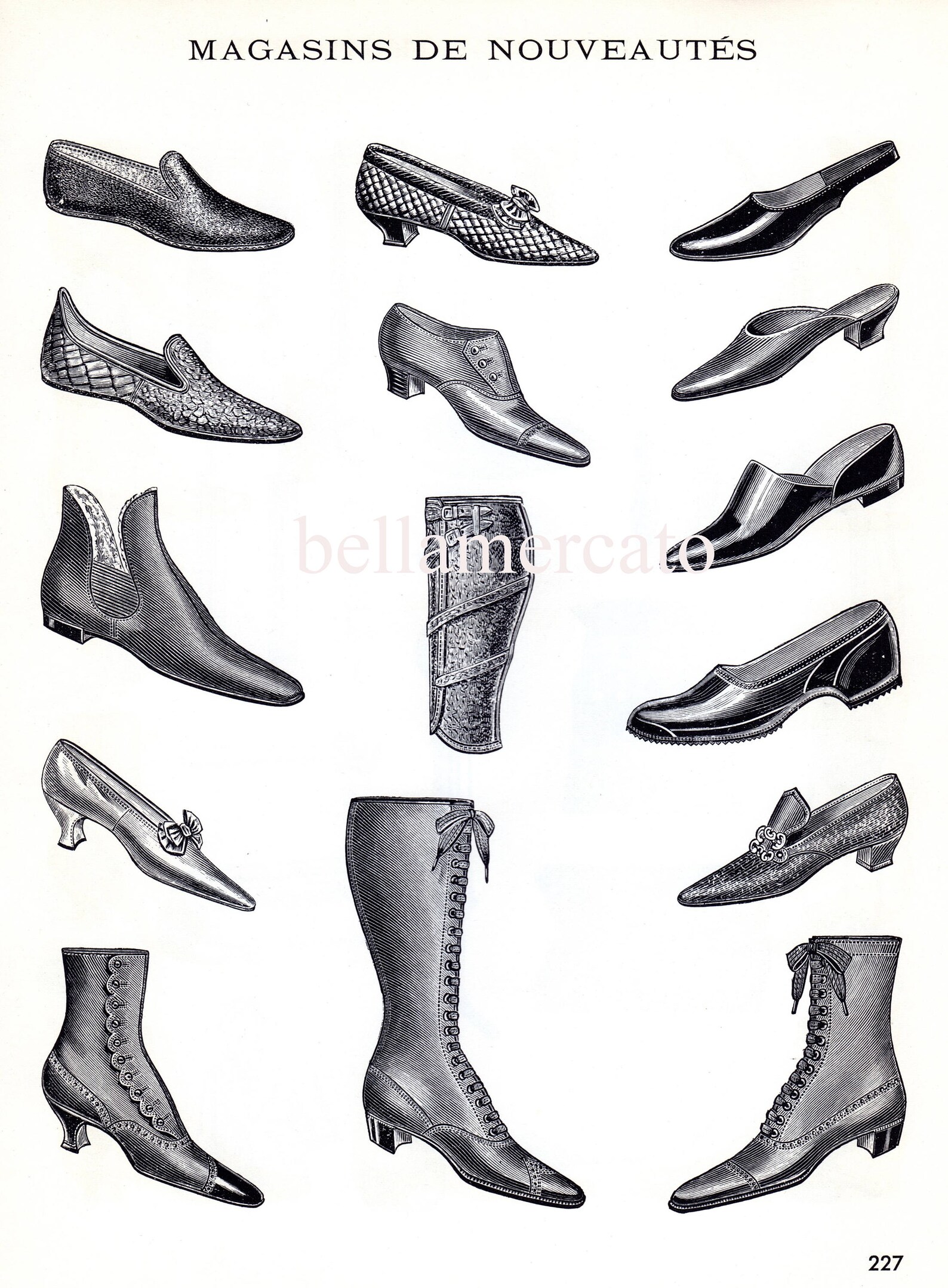 Vintage French Print SHOES and Boots Black and White Magasins De