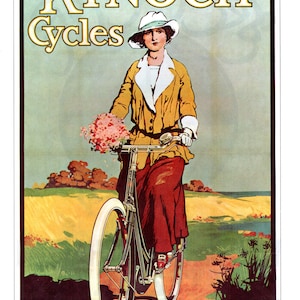 May include: A vintage advertisement for Kynoch Cycles featuring a woman in a yellow jacket and white hat riding a bicycle with a bouquet of flowers in a field. The text reads "Kynoch Cycles" and "Kynoch Ltd. Birmingham."