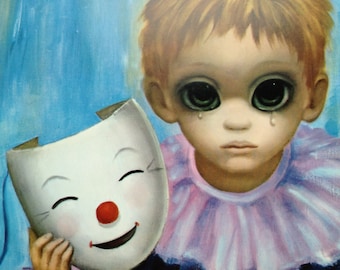 Happy Mask, Unhappy Boy - Big Eye Margaret Keane 1960s Reproduction Lithograph Book Print - 9-1/2 x 12-1/2