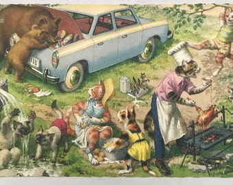 Cookout with Bears Chaos Dressed Cats Postcard 4981 Alfred Mainzer Anthropomorphic Cat Postcard