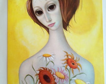 Growing Up Big Eye Girl  Flowers Margaret Keane Lithograph Print 1963