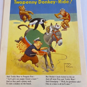 May include: A vintage illustration of a donkey ride on the beach. A penguin, a teddy bear, and a puppy are riding the donkey. The donkey is wearing a red and white bridle. The illustration is in a cartoon style and has a whimsical feel.