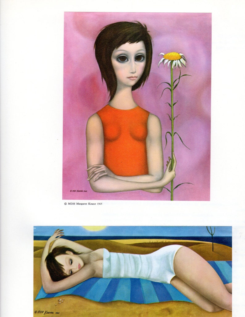 A Margaret Keane Big Eye Girl Lithograph Print Two Small Prints On One Page Girl With Flower And Beach Scene Art Collectibles Lithographs Poligon Com
