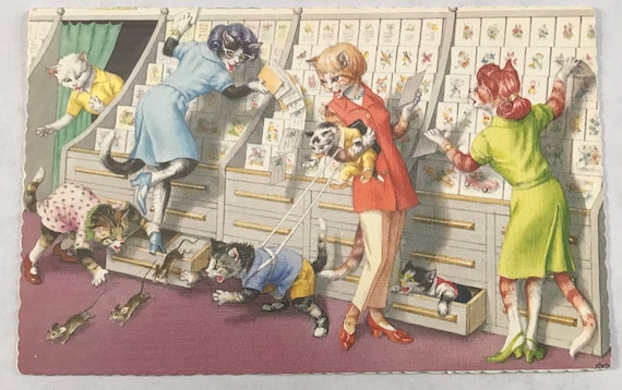 Greeting Card Shopping Chaos Dressed Cats Postcard 4989 Alfred