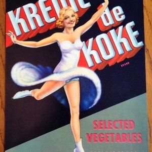 1940&#39;s Kreme de Koke Brand Vegetables Crate Label Girl Ice Skater