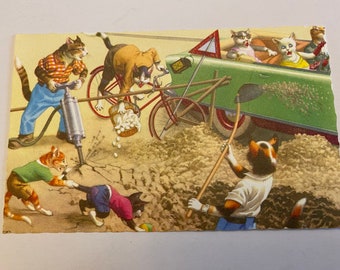 Road Construction Mishap Dressed Cats Postcard 4898 Alfred Mainzer Anthropomorphic Cat Postcard