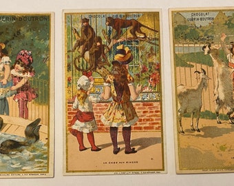 At the ZOO Antique French Chocolats Set of 3 1800s Advertising Trade Cards Guerin Boutron Paris