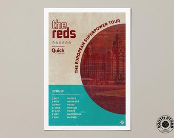 May include: A vintage-style poster advertising "The Reds" European Superpower Tour 2018/19. The poster features a red and white color scheme with a cityscape silhouette and a list of tour dates and cities.