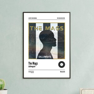 May include: A black and white print of a record album cover with a silhouette of a person's head against a striped background. The album title is "The Mags" and the album name is "Gallowgate".