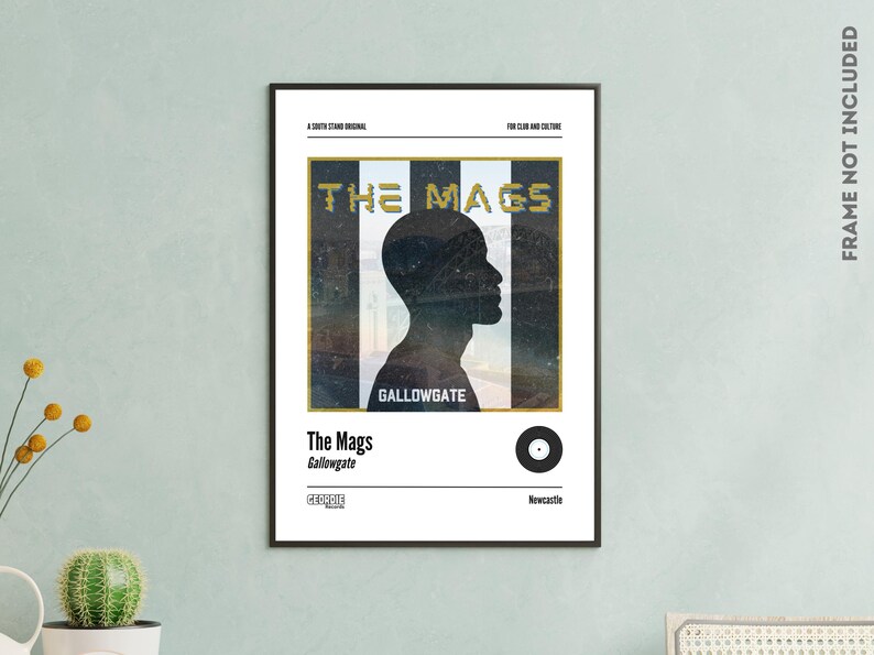 May include: A black and white print of a record album cover with a silhouette of a person's head against a striped background. The album title is "The Mags" and the album name is "Gallowgate".