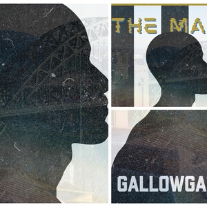 K&ouml;nnte beinhalten: Ein Schwarzwei&szlig;bild einer Personensilhouette mit dem Text "THE MAGS" und "GALLOWGATE", der &uuml;ber das Bild gelegt ist.