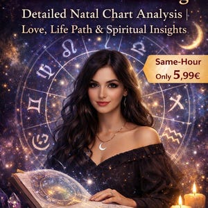 Könnte beinhalten: Werbung für eine Express-Astrologie-Geburtschart-Lesung. Das Bild zeigt eine Frau mit langen dunklen Haaren, einer Halskette mit einem Mondanhänger und einem offenen Buch. Der Hintergrund umfasst einen Sternenhimmel und astrologische Symbole.
