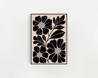 Abstract Botanical Digital Download Mid Century Modern Beige And Black Printable Wall Art Floral Illustration Botanical Poster Set Of One