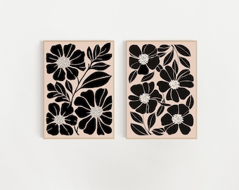 Abstract Botanical Digital Download Mid Century Modern Beige And Black Printable Wall Art Floral Illustration Botanical Poster Set Of Two