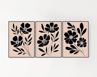 Abstract Botanical Digital Download Mid Century Modern Beige And Black Printable Wall Art Floral Illustration Botanical Poster Set Of Three