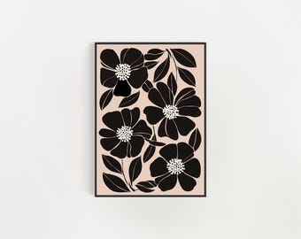 Abstract Botanical Digital Download Mid Century Modern Beige And Black Printable Wall Art Floral Illustration Botanical Poster Set Of One