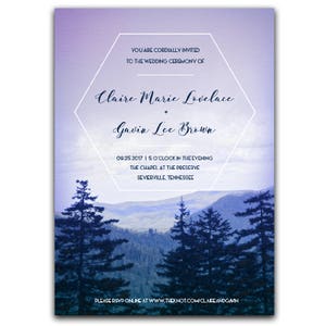 May include: Wedding invitation with a scenic mountain backdrop and text. The invitation features the names Claire Marie Lovelace and Gavin Lee Brown, along with the date, time, and location of the ceremony.