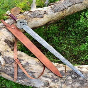 Handmade Damascus Steel Sword With Leather Wrapped Handle & High Quality Italian Style Leather Sheath - Best Gift For Him / Her