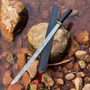Handmade Damascus Steel Sword With Steel Handle & High Quality Italian Style Leather Sheath - Best Gift For Him / Her