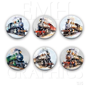 May include: Six vintage-style train engine illustrations on white circular backgrounds. The trains are in various colors, including green, blue, red, and brown. Each train has a plume of smoke coming from the chimney.