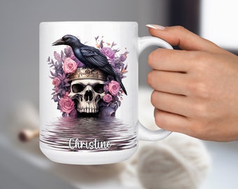 Raven and Skull Personalized Mug, Beautiful Dark Side of Life, Black Crow, Custom Gift, Goth Raven Cup
