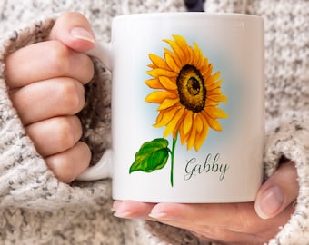 Sunflower Coffee Mug, Personalized Gift, Custom Name Cup, Yellow Sunflowers, Custom Tea Cup, Floral Mug