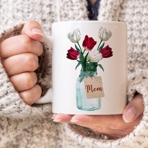 Personalized Coffee Mug, Red and White Tulips, Mother&#39;s Day Gift, Springtime Design, Red and White Flowers, Gift for Mom