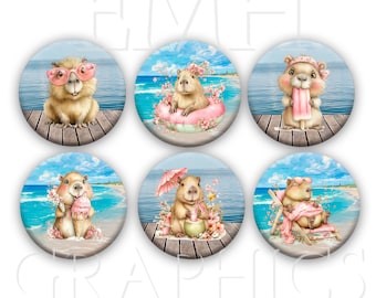 Capybara Fridge Magnets, Summer Capybaras, Refrigerator Art, 1.5" Set of Six, Home Decor, Fun Gift