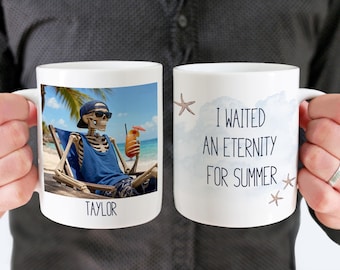 Personalized Beach Mug, Summer Skeleton Coffee Cup, Bones on the Beach, Fun Gift