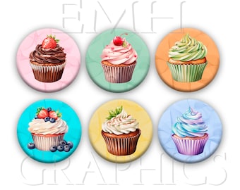 Cupcake Fridge Magnets, Cute Cupcakes, Refrigerator Magnets, 1.5 inches, Set of Six, Gift for Friend, Hostess Gift, Locker and Whiteboard