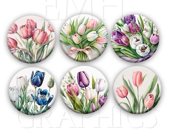 Tulips Fridge Magnets, Pretty Flowers Refrigerator Magnet, Kitchen Decor, 1.5 Inches, Set of Six, Tulip Flowers, Pink and white, Friend Gift