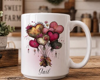 Personalized Colorful Balloon and Flower Mug, Custom Happy Birthday Gift, Name Coffee Cup, Celebration Balloons