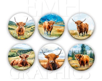 Highland Cow Fridge Magnets, Refrigerator Magnets, Farmhouse Kitchen Decor, 1.5", Set of Six