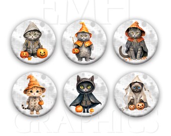 May include: Six round Halloween-themed buttons featuring watercolor illustrations of cats in costumes. The cats wear witch hats, cloaks, and carry pumpkins. The background is a light gray with a subtle speckled pattern.