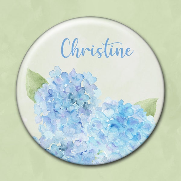 Personalized Pocket Mirror, Bridesmaid Gift, Hydrangeas, Blue Flowers, Bridal Party Gift, Purse Mirror