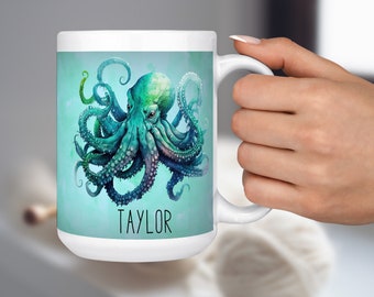 Octopus Coffee Mug, Personalized Coffee Cup, Ocean Life, Sea Creature, Custom Name Mug, Gift for Him or Her, Friend Present