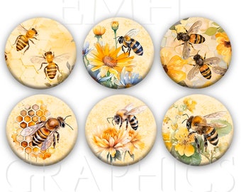 Bee Magnets, Set of Six, 1.5 inches, Beekeeper, Honeycombs, Fridge Magnets, Refrigerator Art, Honeybees