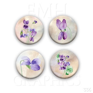 Watercolor Violet Magnets, Refrigerator Magnets, Violet Flowers, 1.5 inches, Set of 4, Fridge Magnets, Kitchen Decor, Gift for Her