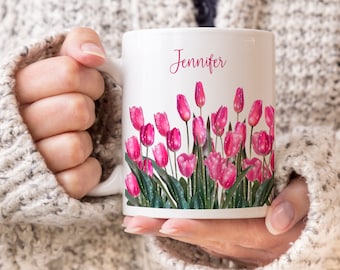 Personalized Spring Tulip Mug, Pink Tulips, Gift for Her, Friend Gift, Pretty Pink Tulips