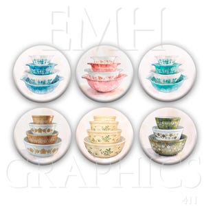 May include: A collection of six circular images showcasing stacks of vintage mixing bowls. The bowls come in various colors, including blue, pink, yellow, and green, with floral patterns. Each stack has a different color scheme and design.