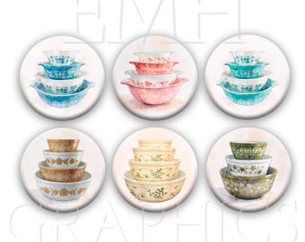 Vintage Pyrex Bowls Fridge Magnets, Set of Six, 1.5", Vintage Bowls, Kitchen Decor