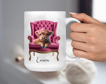 Personalized Highland Cow Coffee Mug, Baby Cow in Chair, Cute Gift for Cow Lovers, Farm Animal