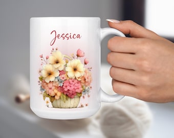 Personalized Flower Mug, Basket of Pink and Yellow Flowers, Spring Summer Theme, Custom Name Coffee Tea Mug