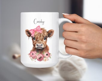 Personalized Highland Cow Mug, Shaggy Farm Animal Coffee Cup, Custom Name Gift