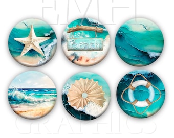 Beach Magnets, Kitchen Fridge Magnets, 1.5", Set of Six, Hostess Gift, Beach Theme Gift, Refrigerator Magnets, By the Sea, Vacation House