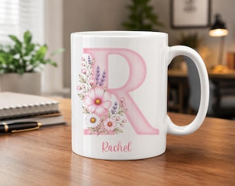 Personalized Initial Mug, Custom Name Coffee Mug, Pink Wildflowers, Gift for Her