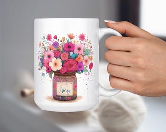 Personalized Coffee Mug, Bouquet of Flowers, Custom Name Mug,  Birthday Gift For Her, Floral Mug,  Mom Gift