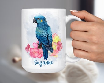 Blue Parrot Custom Mug, Exotic Bird Coffee Mug, Gift for Her, Personalized Name Cup, Tropical Bird, Parrot Lover